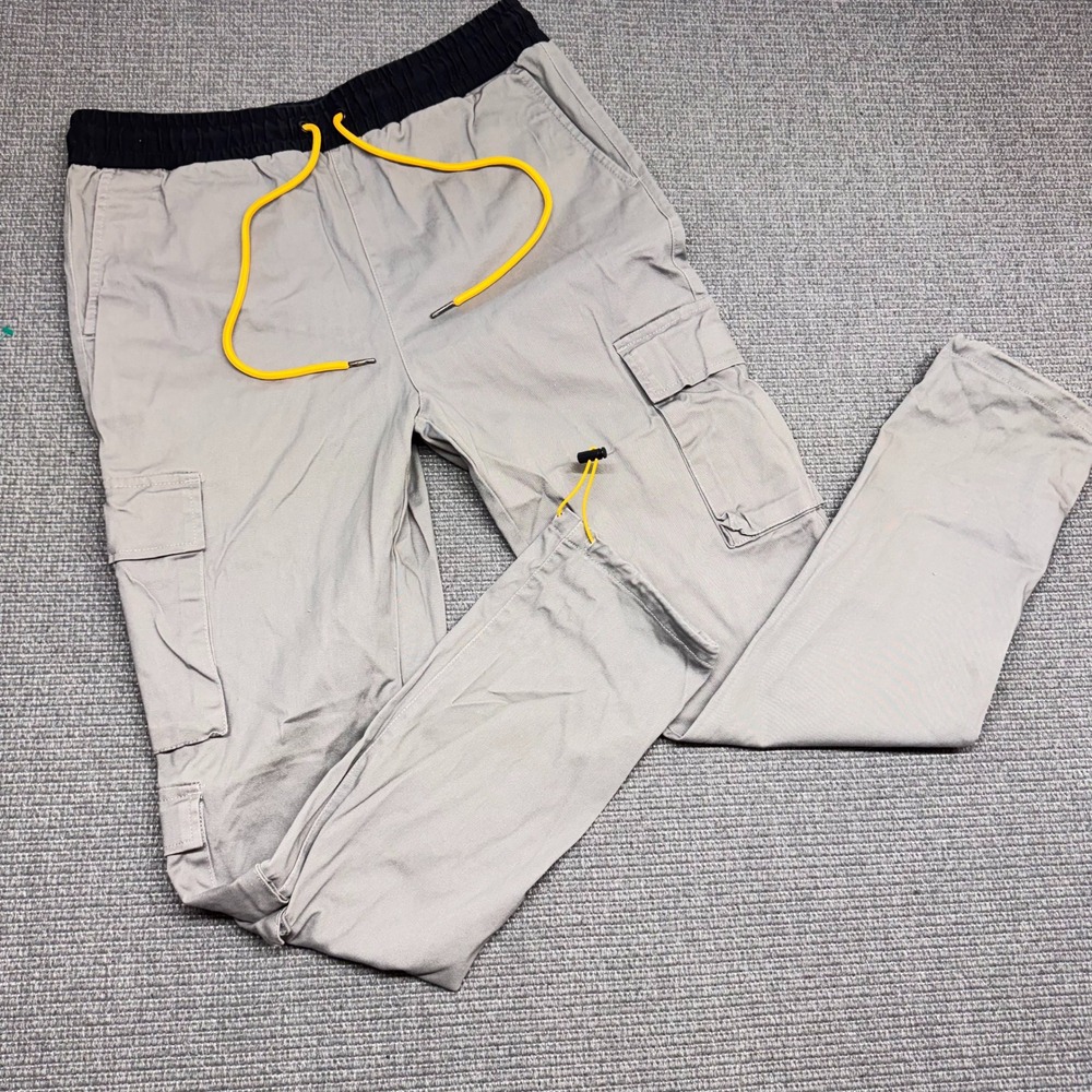Young & Reckless Mens Gray Cargo Jogger Pants Black Waist Yellow Drawstring L